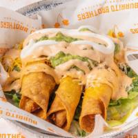 Taquitos (3 Per Order) · Corn tortilla filled with beef or chicken then rolled up and fried.  Includes sides of sour ...