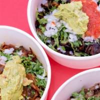 Adobada Bowl · Choice of protein, Onion, Cilantro, Guacamole and Salsa. No Tortillas. Serves one person (3 ...