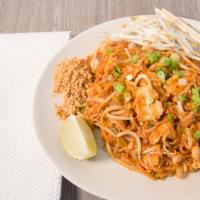 Pad Thai Noodle · Thai glass noodle with chicken, shrimp, bean sprouts, onions and eggs topped with ground pea...