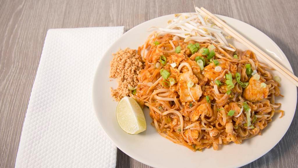 Pad Thai Noodle · Thai glass noodle with chicken, shrimp, bean sprouts, onions and eggs topped with ground peanuts.