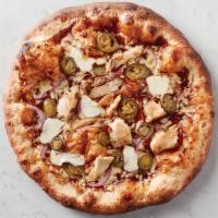 Bbq Chicken Pizza · Artisan Crust, BBQ Sauce, Shredded Mozzarella, Mozzarella medalians, Jalapeños, Red onions, ...