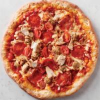 Meat Lovers Pizza · Artisan Crust, Marinara Sauce, Cherry Tomatoes, Shredded Mozzarella, Chicken Strips, Bacon B...