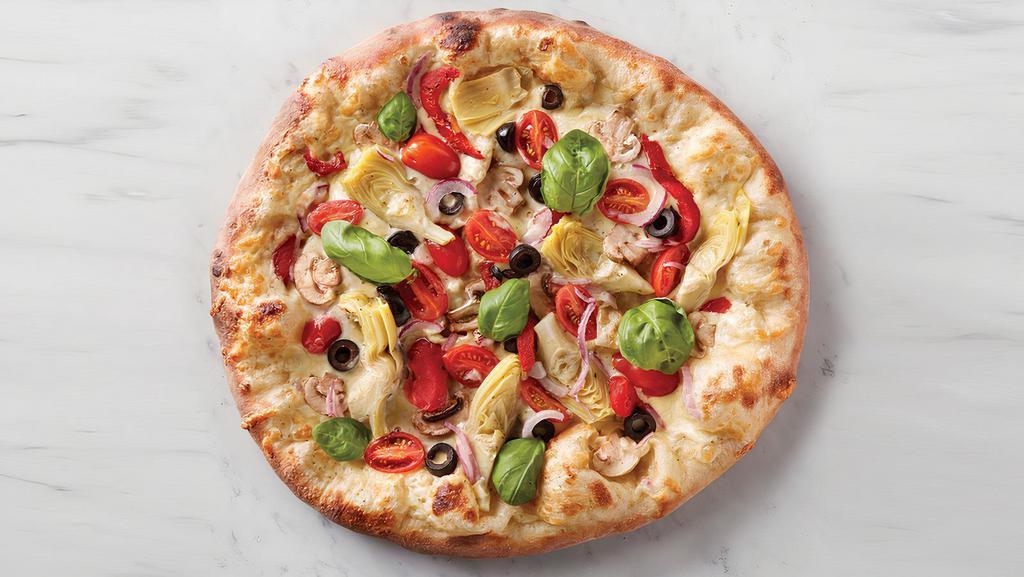 White Veggie Pizza · Artisan Crust, White Alfredo Sauce (made with cashews), Marinated Artichokes hearts, Cherry Tomatoes, Mushrooms, Roasted red peppers, Black olives, Red Onion, Fresh Basil.