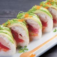 Zen Roll · In: bluefin tuna, Scottish salmon, yellowtail wrapped with soy paper. Out: avocado, smelt eg...