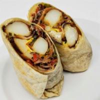 Bacon Hash Wrap · flour tortilla rolled up + stuffed with nitrate free bacon, peppers, onions, russet potato, ...