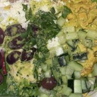 Greek Salad Bowl · Cucumber, tomatoes, red onion, mixed greens, kalamata olives, feta, lemon olive oil.