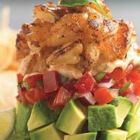 Fresh Avocado & Shrimp Stack · Fresh avocado, pico de gallo and spicy chipotle ranch dressing layered and topped with cungr...