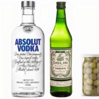 Vodka Martini · Absolut Vodka 750ml, Dolin de Chambery Vermouth 750ml, and Olives small glass jar.