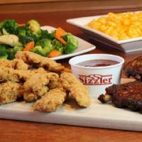 Baby Back Ribs & Crispy Chicken Strips · Includes choice of 2 sides and cheese toast for 4.  Each side serves 4.