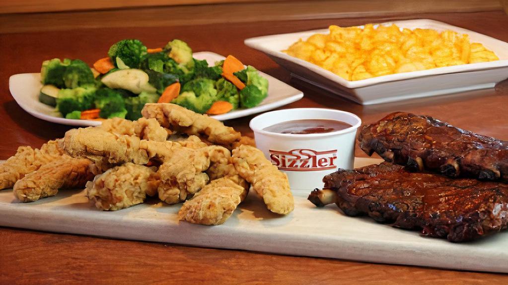 Baby Back Ribs & Crispy Chicken Strips · Includes choice of 2 sides and cheese toast for 4.  Each side serves 4.