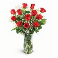 12 Red Roses In Vase · Includes Red Roses, Baby's Breath, Greenery, and a Glass Vase
Flowers and/or Vase may slight...
