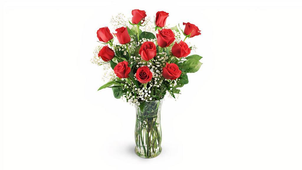 12 Red Roses In Vase · Includes Red Roses, Baby's Breath, Greenery, and a Glass Vase
Flowers and/or Vase may slightly vary from picture, please add  specific requests into Special Instructions below
