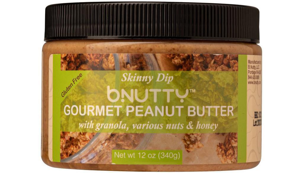 Bnutty Skinny Dip Peanut Butter (12 0Z Jar) · Crunchy Honey-Roasted Peanut Butter with Granola, Dried Fruit, Various Nuts and an Extra Swirl of Honey