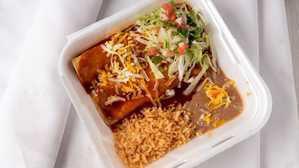 Two Enchiladas · Your choice of protien, covered in red sauce with cheese on top, with a side of lettuce, gua...