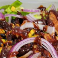 Bbq Chicken Salad · Romaine lettuce, chicken breast, bell peppers, onions, tomatoes, corn, and black beans. With...