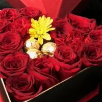 Rose Heart Love · Medium Heart Box of roses and red carnation & Chocolate