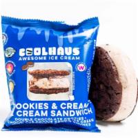 Cookies & Cream Sammie · Chocolate Cookie crumb ice cream, chocolate cookie chunks with double chocolate chip cookies