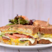 Grilled Breakfast Sandwich · Over Medium eggs, uncured bacon, avocado, red onion, tomato, lettuce, mayo, cheddar cheese o...