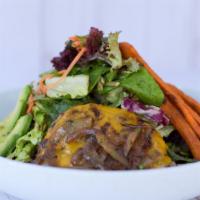 Rosemary Turkey Burger Salad · rosemary turkey burger, cheddar, grilled onions on top of our organic greens salad.