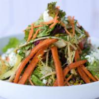 Organic Greens Salad · Feta cheese, avocado, jicama, shredded carrots, roasted pepitas, chopped tomatoes, and balsa...