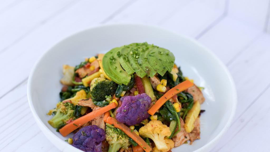 Organic Veggie Bowl · sautéed seasonal vegetables, sun-dried tomatoes, and garlic oil, pico de gallo, roasted corn, avocado, hot sauce, Spanish brown rice, or quinoa. choice of grilled chicken breast, roasted tofu, or rosemary turkey burger (no sides).