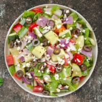 By Zeus (Greek Salad) · (Vegetarian) Romaine lettuce, cucumbers, tomatoes, red onions, olives, and feta cheese tosse...