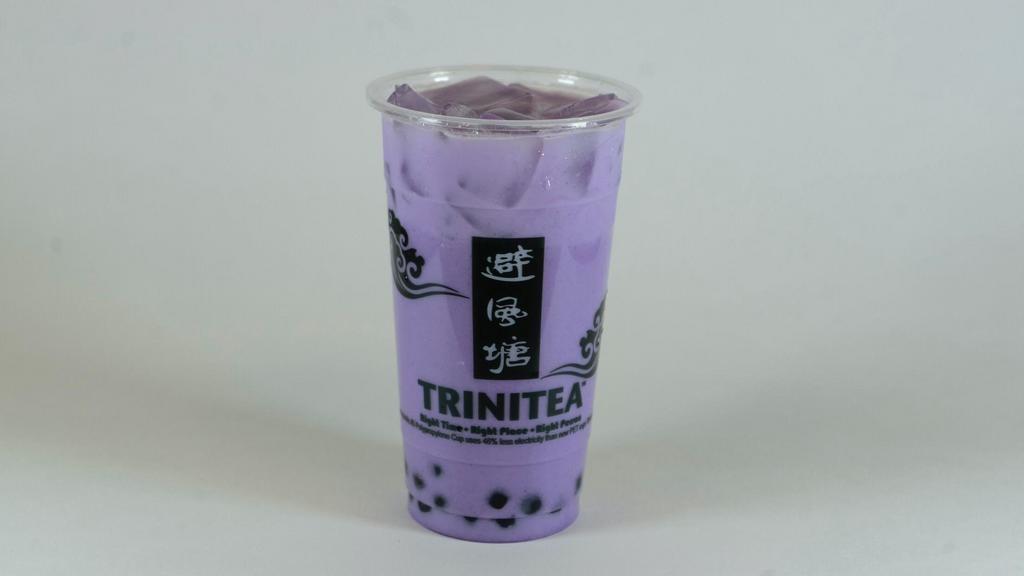 Taro Milk Tea · Milk drink sweetened with sugar and a splash of taro flavor. Purple color. Dairy free. Caffeine free.