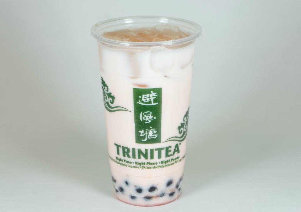 Rose Milk Tea · Milk drink sweetened with sugar and a splash of rose flavor. Dairy free. Caffeine free. Pink color.