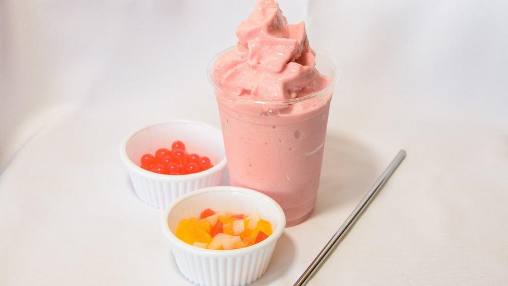 Tropical Smoothie · Fruit favor mix up with lychee, peach and strawberry. Caffeine free. Contains dairy.