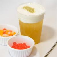 Cheese Foam - Jasmine Matcha · The Jasmine Milk Green Tea on the bottom is sweetened with sugar.  We put a splash of Matcha...
