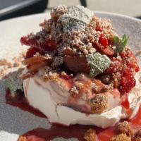 Pavlova · Meringue with strawberry, rhubarb, shiso, and brown butter crumble.  

*Allergens* Dairy, gl...