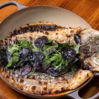 Grilled Striped Bass Filet · Grilled Striped Bass Filet, served with Jalapeno Garlic Sauce and an herb salad

***Allergen...