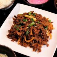 Spicy Bul-Go-Gi Dinner · Spicy shredded beef ribeye, served with rice and Korean side dishes.