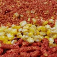 Hot Cheeto Esquite · Hot Cheetos topped with hot yellow corn mixed in butter, mayonnaise, lime juice, queso seco ...