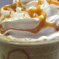 Iced Gano Café · Organic coffee blended with ice, milk and caramel topped with whipped cream and more caramel.