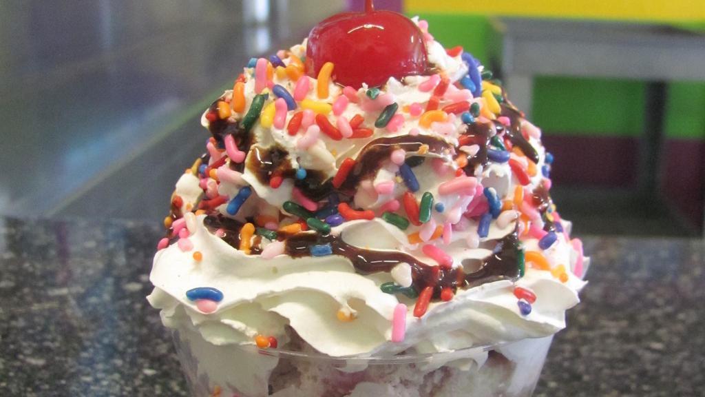 Sundae · Choice of ice cream topped with whipped cream, chocolate, caramel, sprinkles and cherry on top. Flavor Ice creams; vanilla, strawberry, rocky road, cotton candy, cookies n cream, pistacio, rainbow sorbet, mango sorbet, butter pecan,