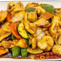 Chicken In Hot Garlic Sauce · Spicy. Sliced white meat chicken with carrots, mushrooms, diced bell pepper and onion stir f...
