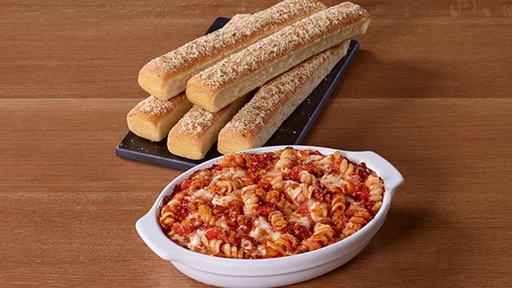 Meaty Marinara · Italian-seasoned meat sauce and rotini topped with cheese, then oven-baked.