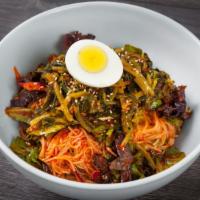 Yulmu Noodle · Spicy cold noodle with veggies and Radish kimchi.