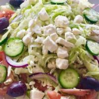 Greek Salad · Lettuce, tomato, cucumber, onion, feta cheese, and kalamata olives tossed in our homemade dr...