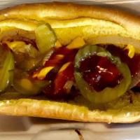 Classic Dog · Grilled premium Hoffy 100% beef frank on a toasted gourmet bun. Served with grilled onion, m...