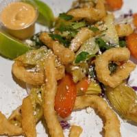 Calamari Mixto · Mixed calamari, artichokes, carrots, and jalapeño. Side of chipotle aioli, topped with Cotij...