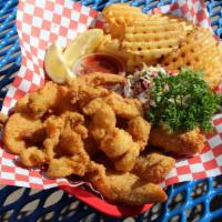 Tin Fish Combo · 3 Alaskan wild cod pcs, 3 shrimp, 2 scallops, and 8 calamari.