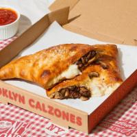 Red Hook Calzone · Calzone with savory sausage, mushroom, melted provolone and mozzarella, and a side of marina...