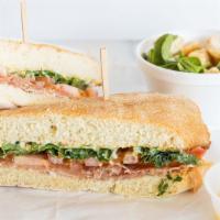 Prosciutto Sandwich · Whole milk mozzarella toasted on your choice of bread, Italian prosciutto, tomato, arugula, ...