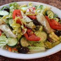 House Salad · Romaine, artichoke, pepperoncini, tomatoes, cucumbers, carrots, red cabbage, olives dressed ...