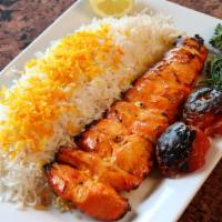 Barg Kabob (Chicken) · A skewer of thin slices of skinless chicken breast marinated and elegantly cooked to satisfy...