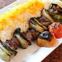 Shish Kabob (Beef) · Beef sirloin, onions, bell peppers