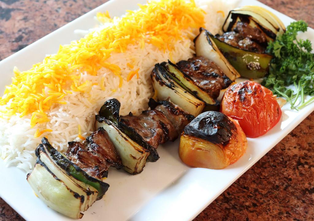 Shish Kabob (Beef) · Beef sirloin, onions, bell peppers