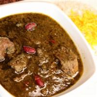 Ghormeh Sabzi (Beef Or Veggie) · Fresh herbs, kidney beans, sun dried lime, beef or veggie (portobello mushrooms)
